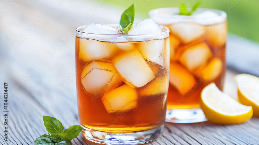 Refreshing iced tea with lemon and basil on a sunny day Refreshing iced tea with lemon and basil on a sunny day