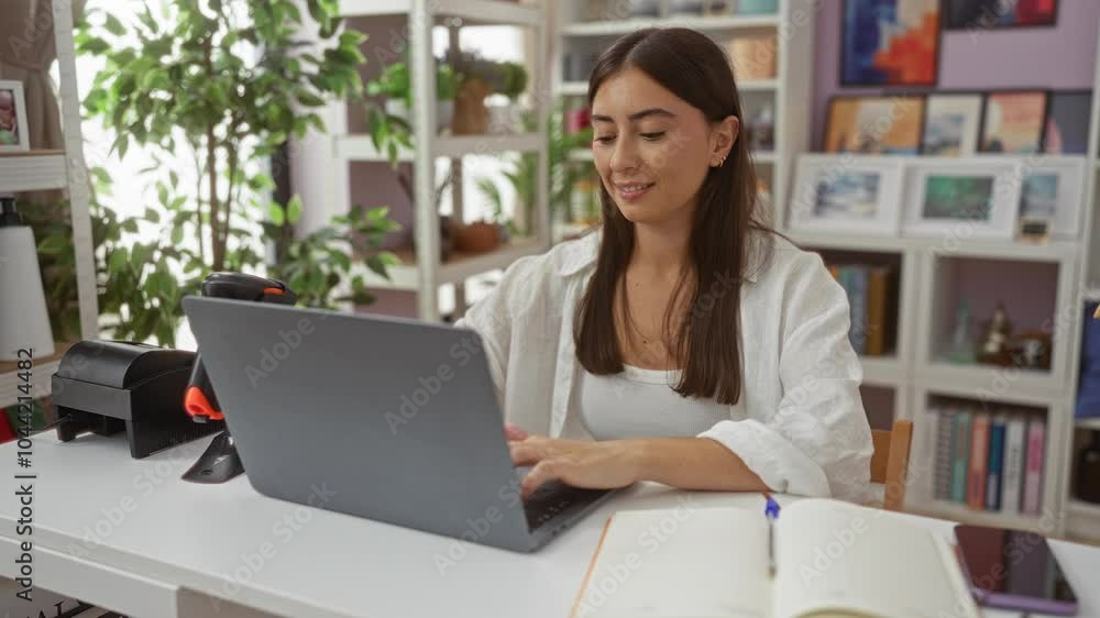 Young woman typing on laptop in home decor store, surrounded by plants and bookshelves, creating a cozy indoor atmosphere.
