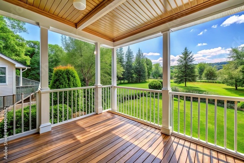 Screened wooden porch with white railings overlooking green backyard area from tilted angle photo