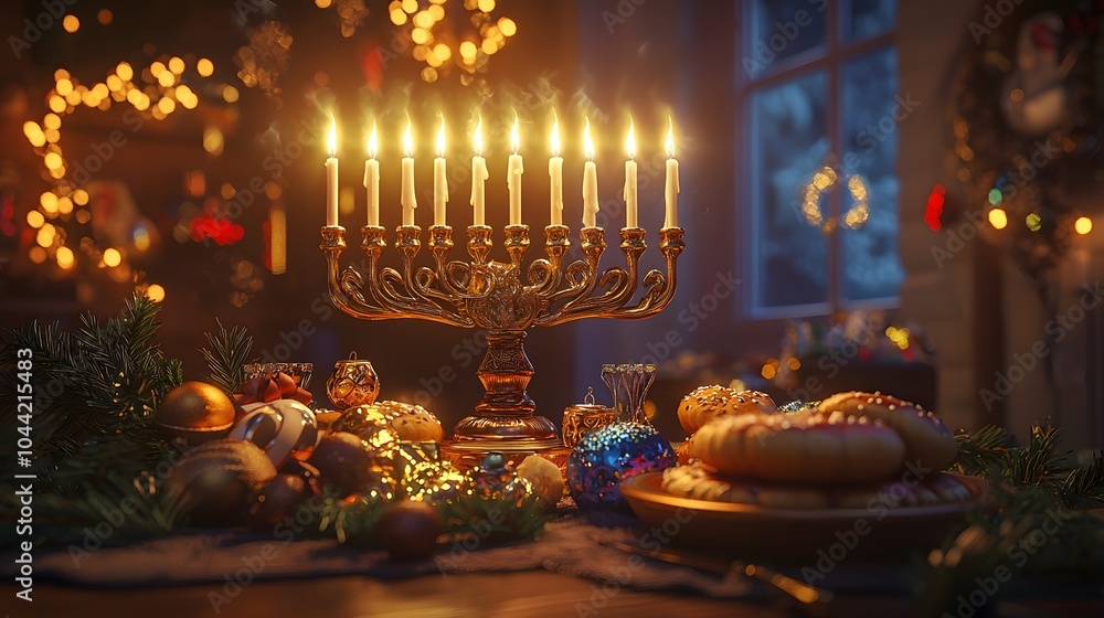 Hanukkah feast with glowing candles, latkes and jelly-filled sufganiyot. Celebration of Jewish customs and Festival of Lights Hanukkah feast with glowing candles, latkes and jelly-filled sufganiyot. Celebration of Jewish customs and Festival of Lights