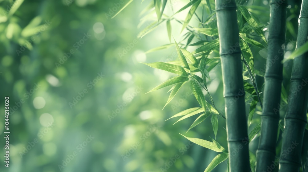 Obraz premium A serene capture of green bamboo stalks surrounded by lush leaves, creating a tranquil and refreshing atmosphere in nature.