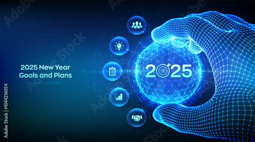 2025 New year Goals and plans concept in the shape of polygonal sphere with numbers 2025 and target in wireframe hand. Business plan and strategies. Goal acheiveement and success. Vector illustration.