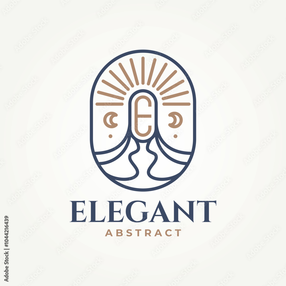 Obraz premium minimalist abstract letter E with half moon and light badge line art icon logo vector illustration design