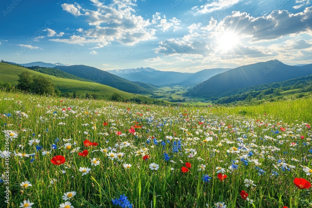 Fototapeta premium Wildflowers bloom in a valley. Perfect for projects about nature, beauty, or peace.
