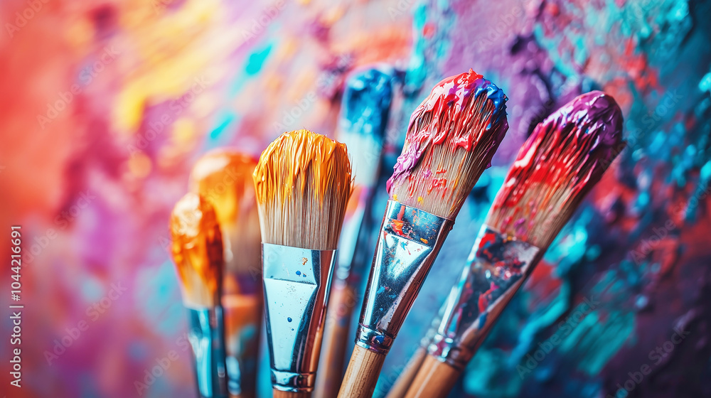 Fototapeta premium Vibrant paintbrushes on a colorful canvas background