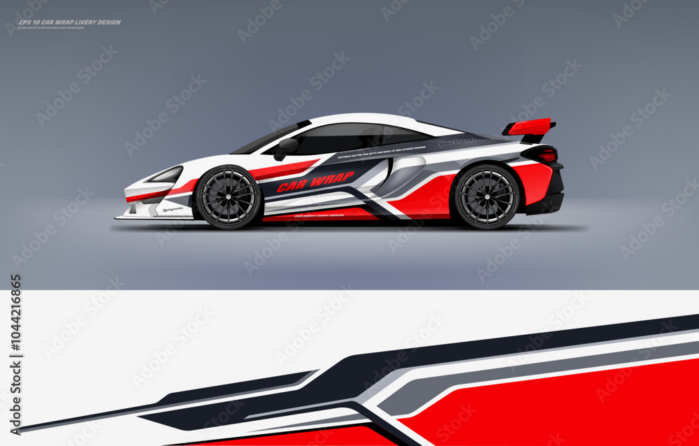 Car wrap livery design sporty sharp line style combination of red color on white background Car wrap livery design sporty sharp line style combination of red color on white background