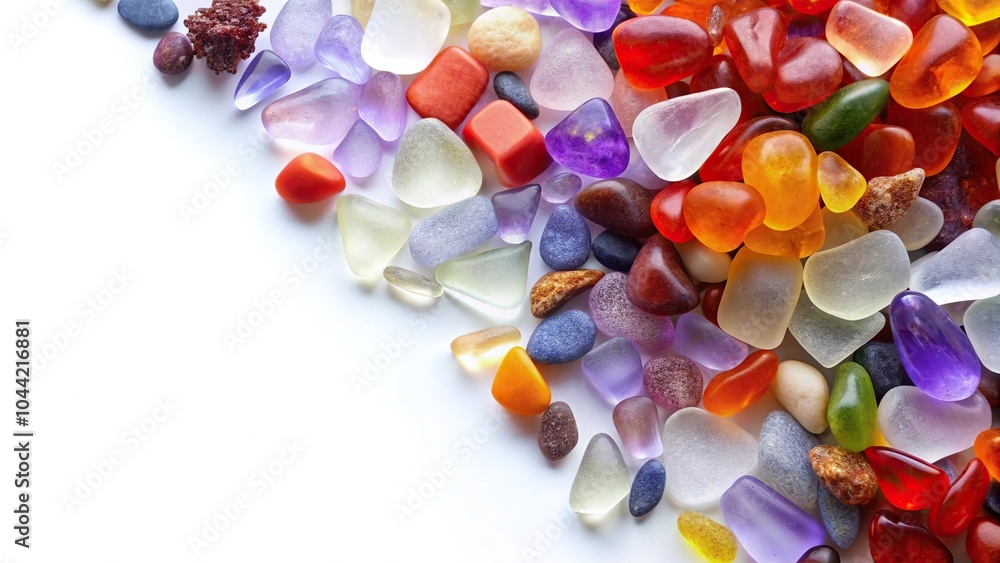 Sea glass pebbles on white background with red, yellow, lavender pieces silhouette Sea glass pebbles on white background with red, yellow, lavender pieces silhouette
