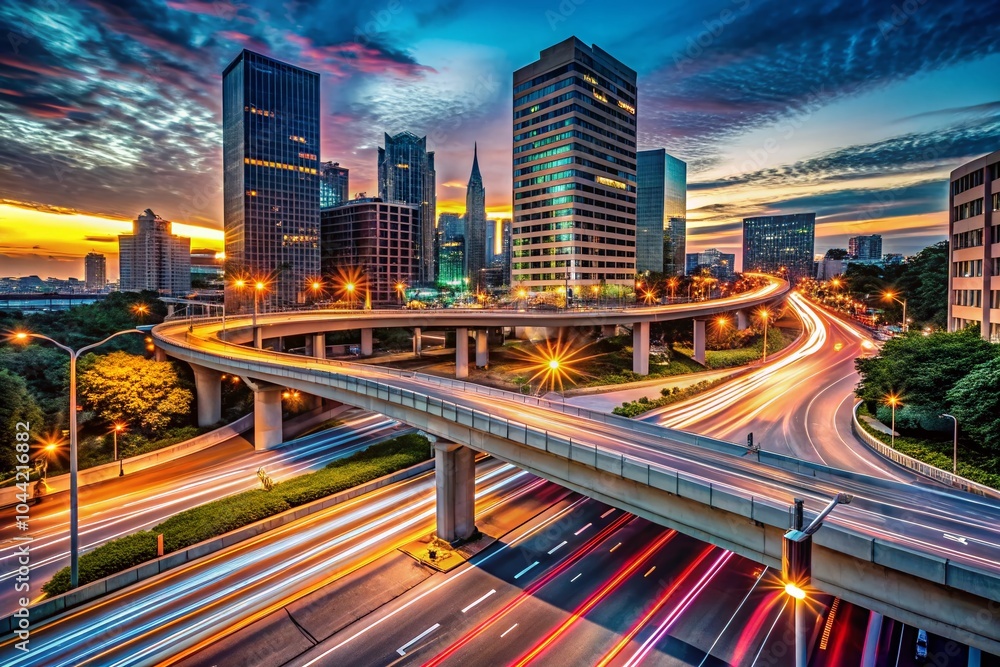 Fototapeta premium Nighttime Urban Highway Intersection with Blurred Traffic Lights for Dynamic Architectural Photography