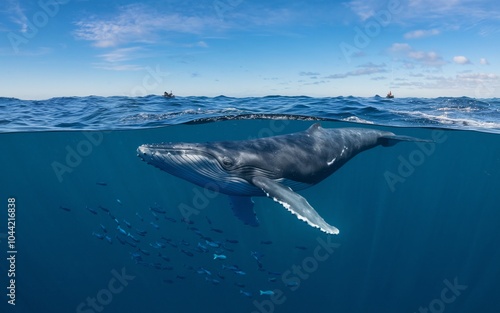 A humpback whale swims with a school of fish beneath the surface of the ocean, with boats in the distance.