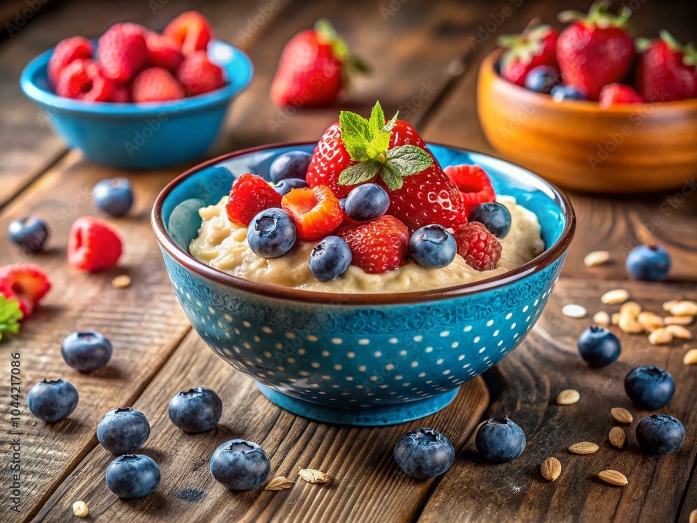 Oatmeal with Fresh Berries in a Blue Bowl - Healthy Breakfast Ideas and Recipes Oatmeal with Fresh Berries in a Blue Bowl - Healthy Breakfast Ideas and Recipes