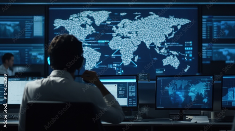 Obraz premium A dispatch center with a massive wall screen tracking shipments, showing detailed maps and data streams.