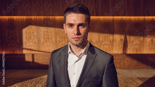 Man with Short Dark Hair in Suit and Light Shirt Standing in Professional Setting photo