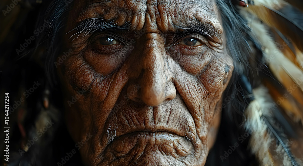 Portrait of a Native Indian man who is a chief and elder wearing a headdress with feathers. A crown of feathers. Space for text. Native Indian tribe concept. Portrait of a Native Indian man who is a chief and elder wearing a headdress with feathers. A crown of feathers. Space for text. Native Indian tribe concept.