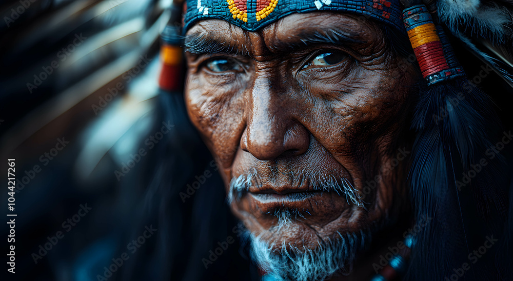Portrait of a Native Indian man who is a chief and elder wearing a headdress with feathers. A crown of feathers. Space for text. Native Indian tribe concept. Portrait of a Native Indian man who is a chief and elder wearing a headdress with feathers. A crown of feathers. Space for text. Native Indian tribe concept.