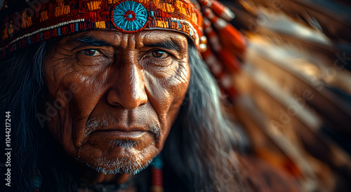 Portrait of a Native Indian man who is a chief and elder wearing a headdress with feathers. A crown of feathers. Space for text. Native Indian tribe concept.