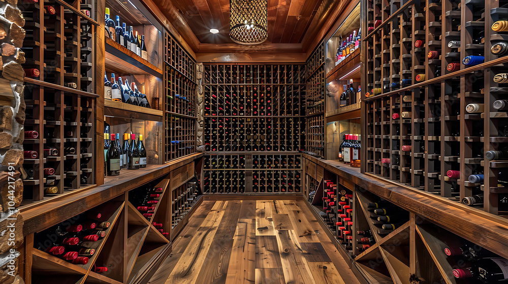 a dimly lit wine cellar filled with wooden racks showcasing an extensive collection of wine bottles. The bottles feature various colored caps, creating a visually appealing display a dimly lit wine cellar filled with wooden racks showcasing an extensive collection of wine bottles. The bottles feature various colored caps, creating a visually appealing display