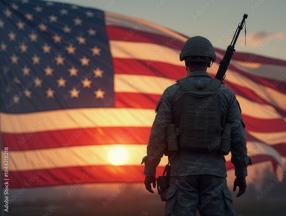 Soldier standing in front of American flag patriotic military scene Soldier standing in front of American flag patriotic military scene