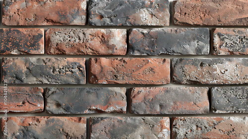 a close-up view of a rustic brick wall, showcasing a pattern of red bricks interspersed with gray mortar a close-up view of a rustic brick wall, showcasing a pattern of red bricks interspersed with gray mortar