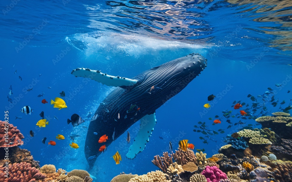 Fototapeta premium A humpback whale swims over a coral reef with colorful fish.