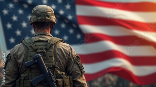 Soldier standing in front of American flag patriotic military scene