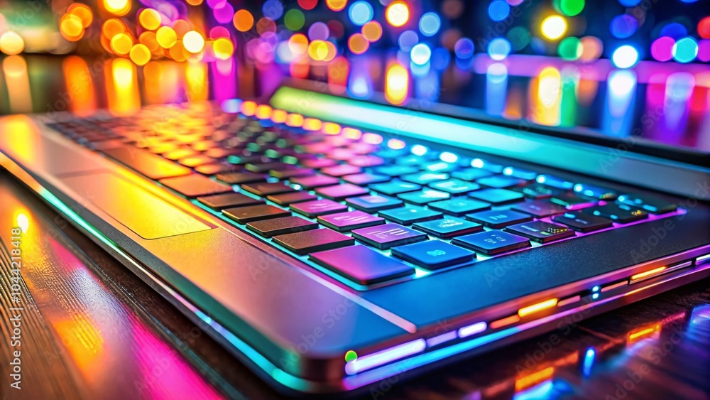 Obraz premium Panoramic View of a Laptop Keyboard with Backlit Keys and Modern Design for Tech Enthusiasts