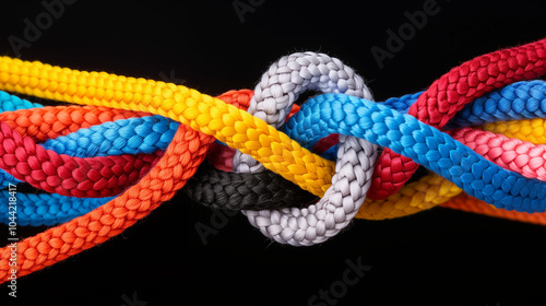 Colorful ropes intertwined in a knot design showcasing vibrant textures and patterns for creative projects