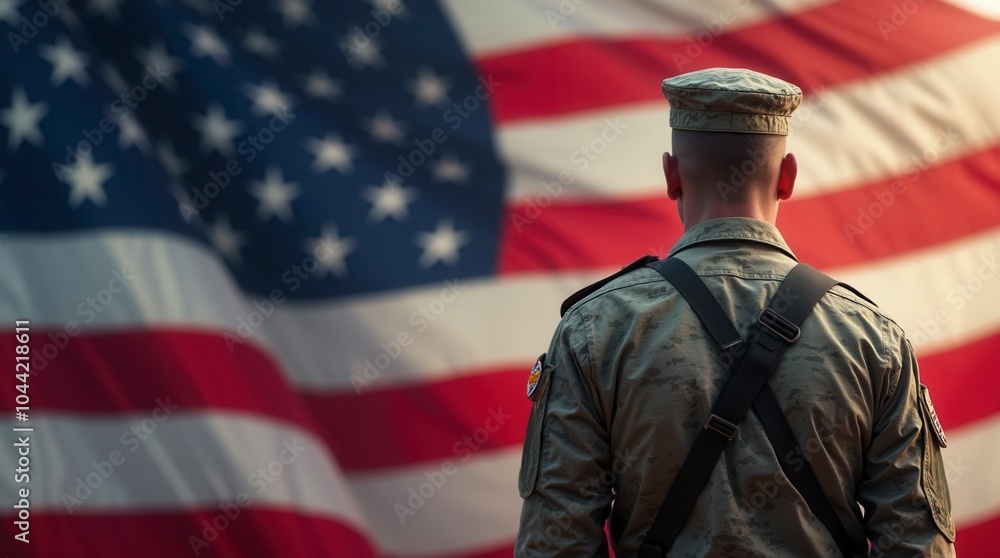 Soldier standing in front of American flag patriotic military scene Soldier standing in front of American flag patriotic military scene