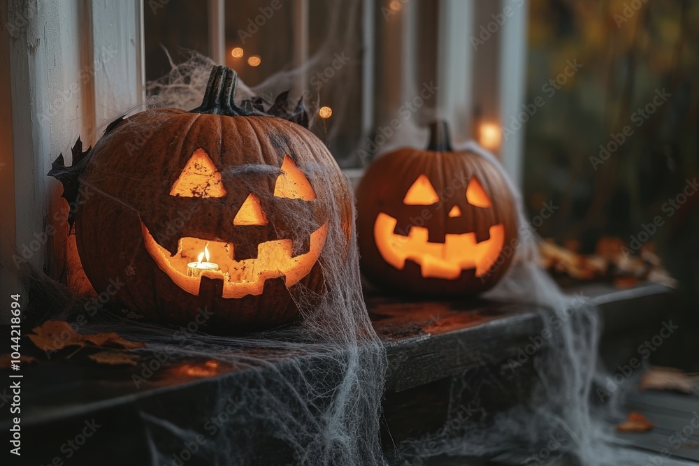 Obraz premium halloween porch decor, eerie halloween decorations on the porch flickering jack-o-lanterns and creepy cobwebs billowing in the autumn breeze