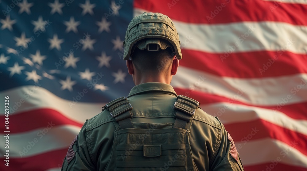 Soldier standing in front of American flag patriotic military scene Soldier standing in front of American flag patriotic military scene