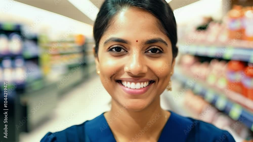 Smiling young female cashier engages with the camera while working in a grocery store, showcasing a friendly atmosphere Smiling young female cashier engages with the camera while working in a grocery store, showcasing a friendly atmosphere
