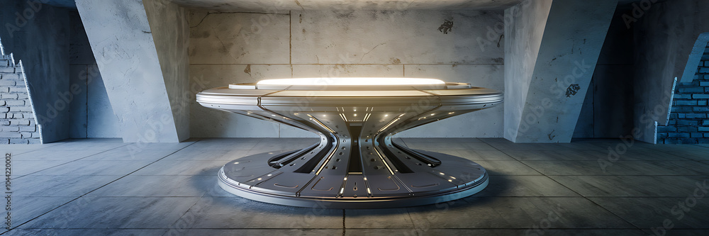 Fototapeta premium Futuristic metallic platform with glowing light grey and silver sci-fi futuristic technology mystery product display