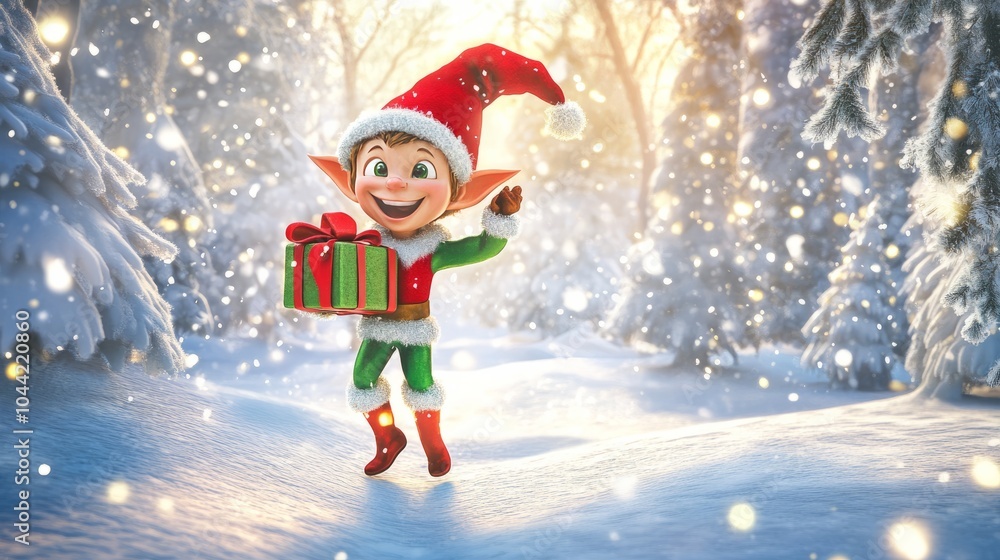cartoon elf holding gifts in snowy day with santa clothes cartoon elf holding gifts in snowy day with santa clothes