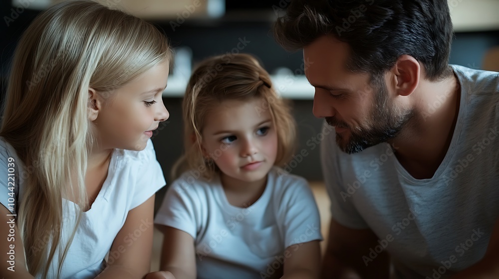 A father sits on the floor with his two young daughters, listening intently as they talk to him. They are all looking at each other, and there is a sense of love and connection between them. A father sits on the floor with his two young daughters, listening intently as they talk to him. They are all looking at each other, and there is a sense of love and connection between them.