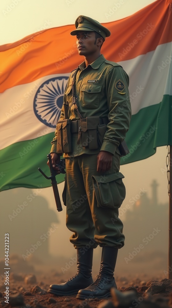 Fototapeta premium Indian soldier standing in front of Indian flag military patriotism