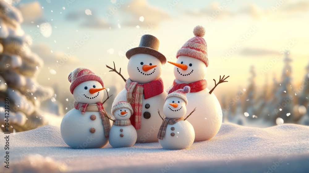 Obraz premium 3d rendered christmas illustration with happy snowman family for greeting card