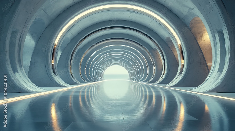 Fototapeta premium Geometric arches mirrored endlessly in reflective floors, soft ambient light illuminating a futuristic, sleek environment, cyberpunk aesthetics, wide-angle shot