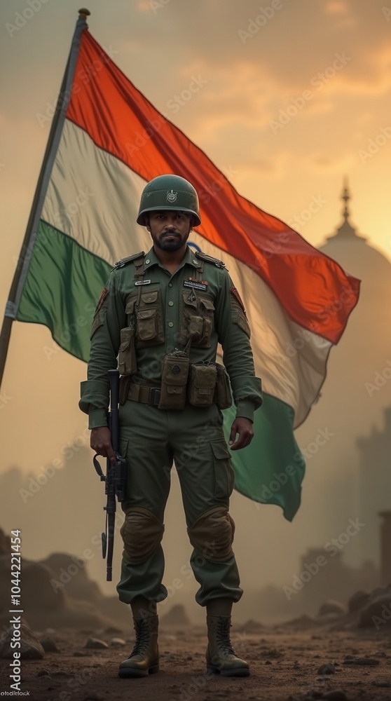 Indian soldier standing in front of Indian flag military patriotism Indian soldier standing in front of Indian flag military patriotism