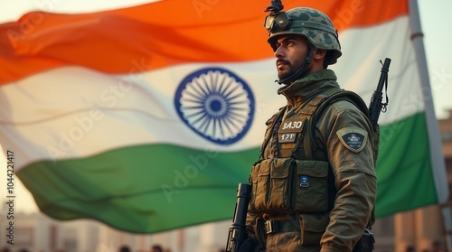 Indian soldier standing in front of Indian flag military patriotism