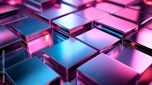 Geometric arrangement of metallic rhombus shapes, polished and mirrored surfaces, deep shadows between layers, neon cyan and magenta accents, 3D digital art