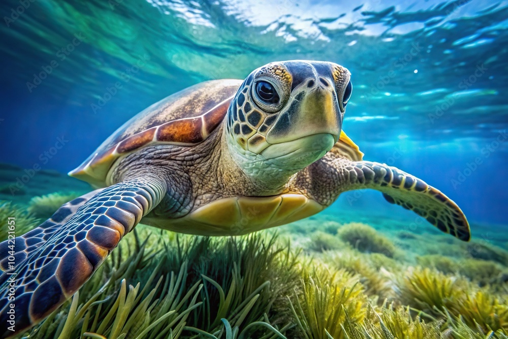 Obraz premium Sea turtle swimming in blue water among algae
