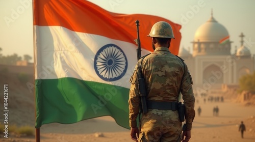 Indian soldier standing in front of Indian flag military patriotism