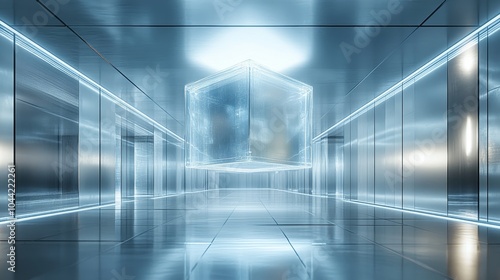 Glass cube floating over a sleek mirror floor  surrounded by infinite reflective walls  illuminated by holographic light patterns  ultra-futuristic environment