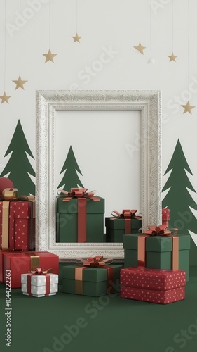 Festive Christmas Scene with Wrapped Presents, Green Carpet, and Framed Mirror photo