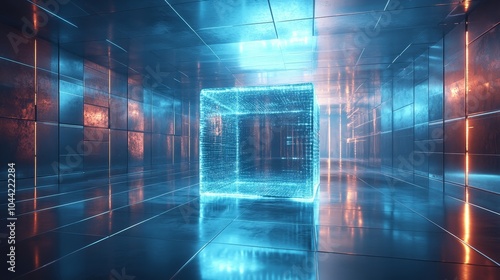 Glass cube floating over a sleek mirror floor, surrounded by infinite reflective walls, illuminated by holographic light patterns, ultra-futuristic environment