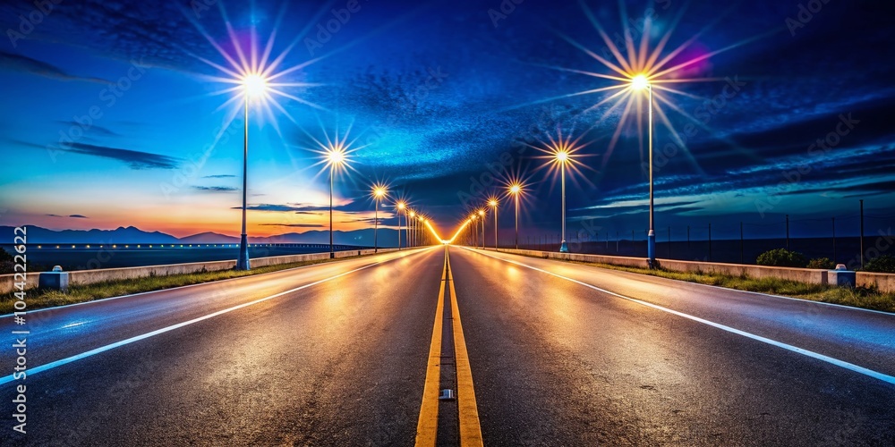 Obraz premium Road into the Distance with Streetlights Creating a Vanishing Point Effect for Urban Scenes and Landscapes
