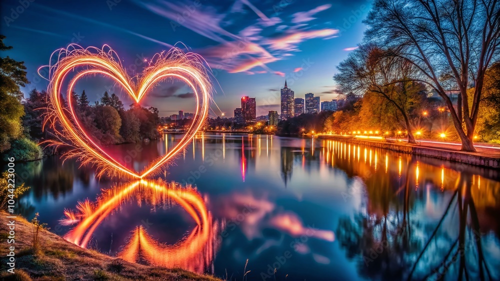 Fototapeta premium Romantic Long Exposure Love Scene with Heart Light Trails for Valentine’s Day