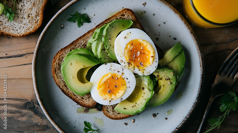 Chic Flat Lay of a Brunch Spread with Avocado Toast, Soft-Boiled Egg, and Orange Juice Chic Flat Lay of a Brunch Spread with Avocado Toast, Soft-Boiled Egg, and Orange Juice