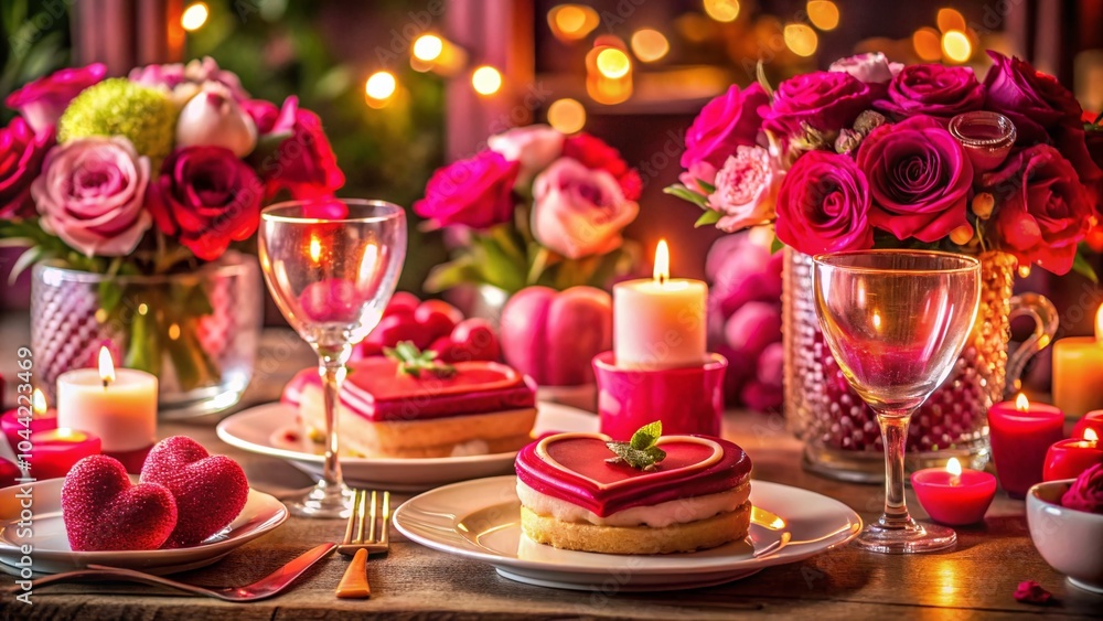 Romantic Valentine's Day Dinner Spread with Heart-Shaped Desserts and Candlelight Romantic Valentine's Day Dinner Spread with Heart-Shaped Desserts and Candlelight