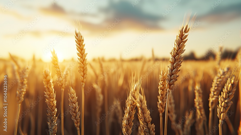 Fototapeta premium A golden wheat field catches sunlight under a serene sky, showcasing ripening crops ready for harvest.