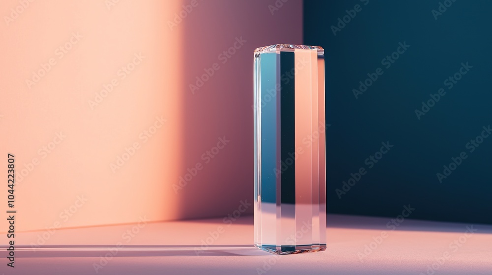 A sleek, cylindrical glass object stands against a backdrop of soft pink and blue hues, with gentle shadows enhancing its form. A sleek, cylindrical glass object stands against a backdrop of soft pink and blue hues, with gentle shadows enhancing its form.